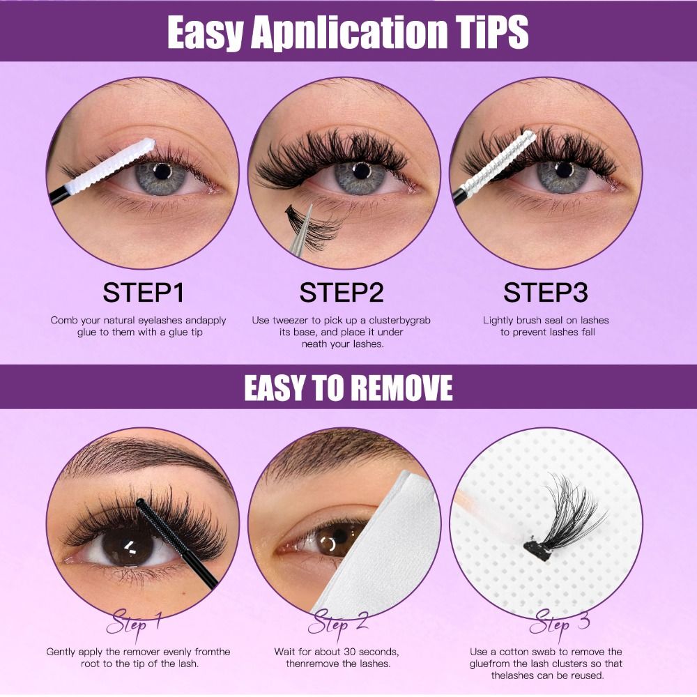 Eyelash Extension Look - 自然な仕上がりのつけまつげ。接着剤とシーラー付き。クラスターデザイン、3Dフェイクミンク素材、ふんわりとしたスタイル。DIYつけまつげエクステンションキット。