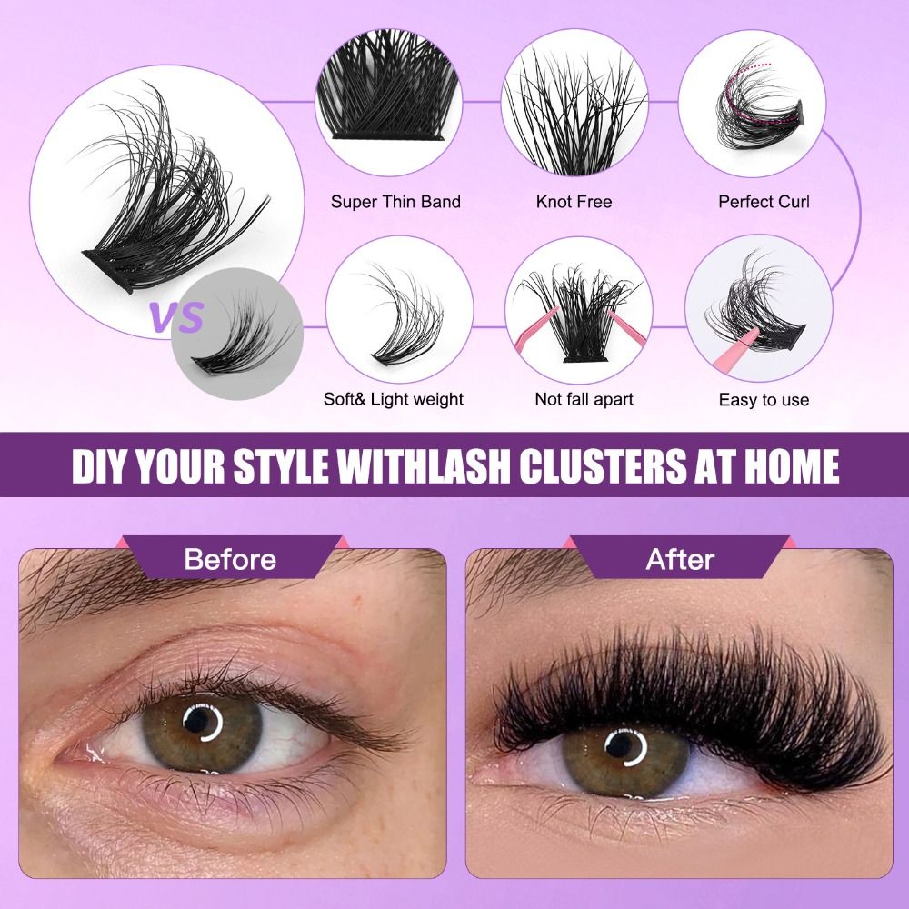 自然な仕上がりのつけまつげ。接着剤とシーラー付き。クラスター - Eyelash Extension Look のレビューと価格